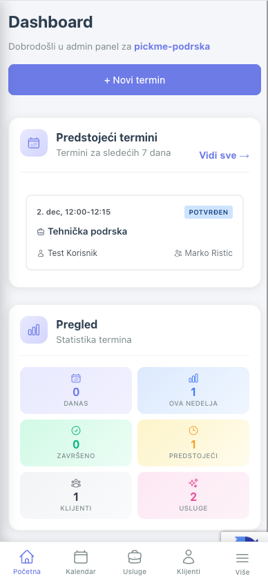 PickMe admin panel - pregled termina i statistike