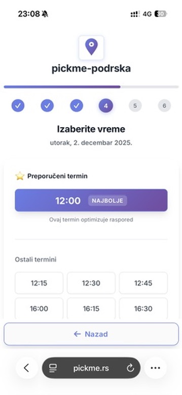 PickMe zakazivanje - izbor termina